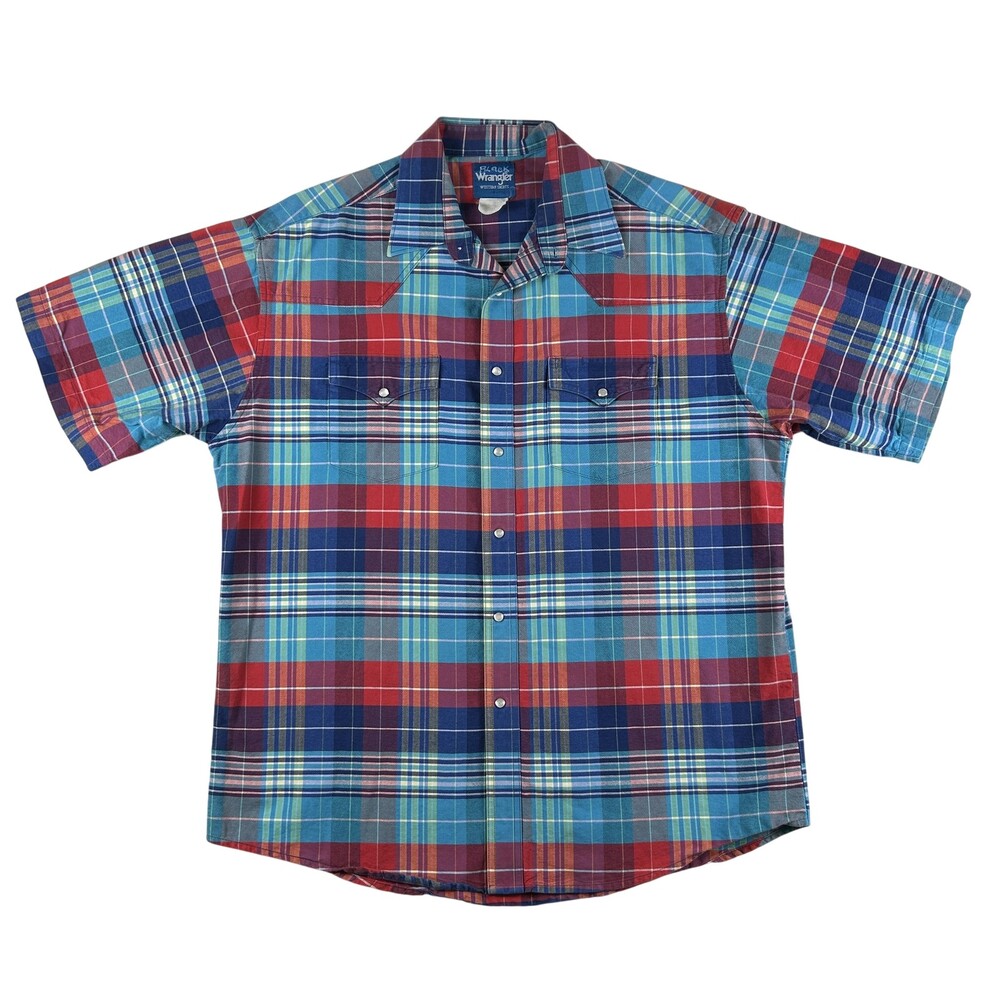 Wrangler Shirt Mens XL Multicolor Plaid Short Sleeve Western Snap Pockets Casual
